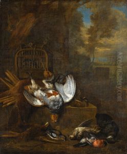 Hunting still life with a dead pheasant and songbirds in a landscape Hunting still life with a dead pheasant and songbirds in a landscape