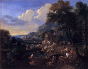 River landscape with fishermen