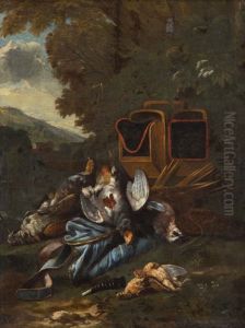 Still life of hunting trophy before a landscape by Bernaert De Bridt