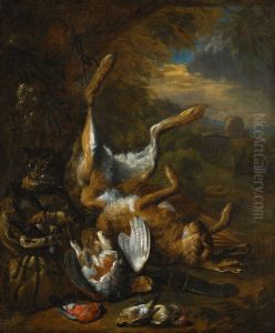 Hunting still life with a cat, a dead hare and songbirds in a landscape. by Bernaert De Bridt