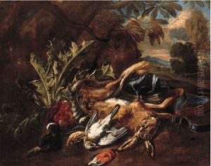 Hunting still life with a hare, a mallard and songbirds in a landscape