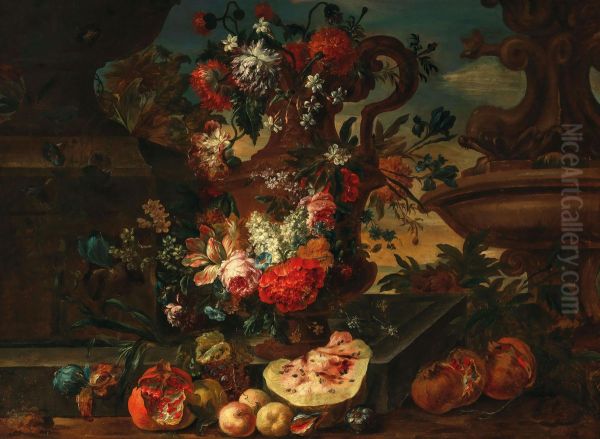 Flowers in a sculpted vase with pomegranates and a watermelon by a stone ledge - view 1