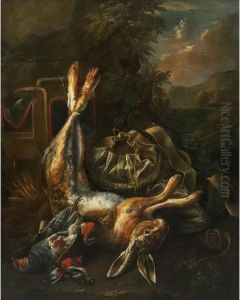 Hunting still life of hung hare and other game by Bernaert De Bridt