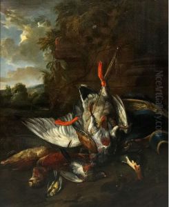 Hunting still life of hung duck and other game