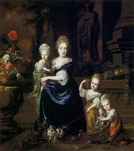 Portrait of a mother with children on the terrace. Portrait of a mother with children on the terrace.