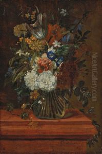 Flowers in a glass vase on a marble ledge by Gaspar Peeter Verbruggen the Younger