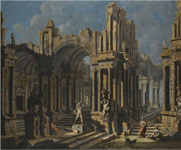 An Architectural Capriccio With A Statue Of Hercules And Figures Inclassical Costume - view 1