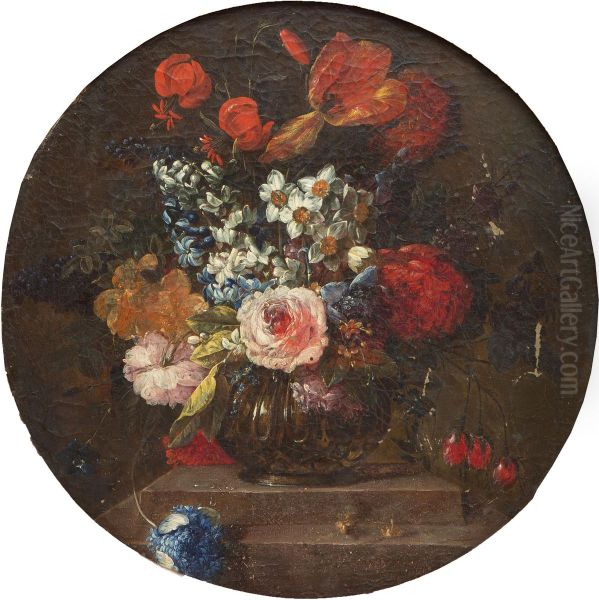 Flowers in a vase on a plinth - view 1