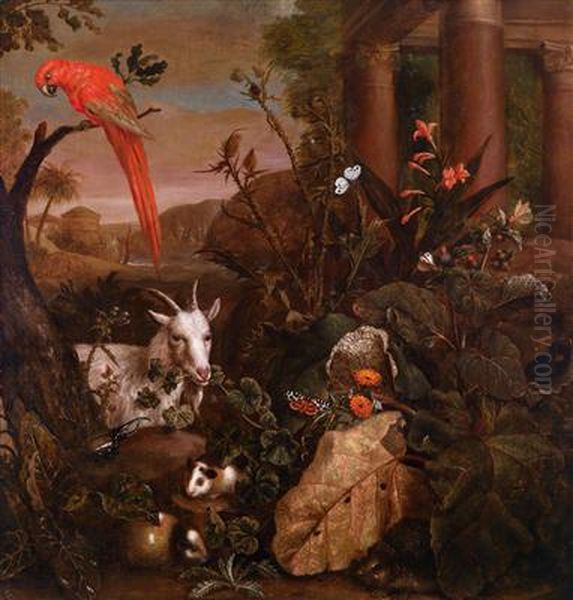 Still life of thistles, insects, marmots and a parrot near a temple - view 1