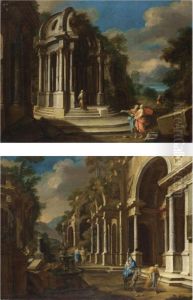Capriccio Architettonico Con Figure;capriccio Architettonico Con La Fuga In Egitto by Pietro Cappelli