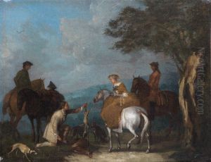 A huntsman offering game to a lady on horseback by Jan Peeter Verdussen
