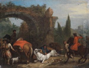 Huntsmen on horseback before a ruined arch