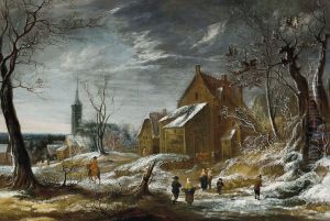 Winter landscape with figures on a village road by Daniel van Heil