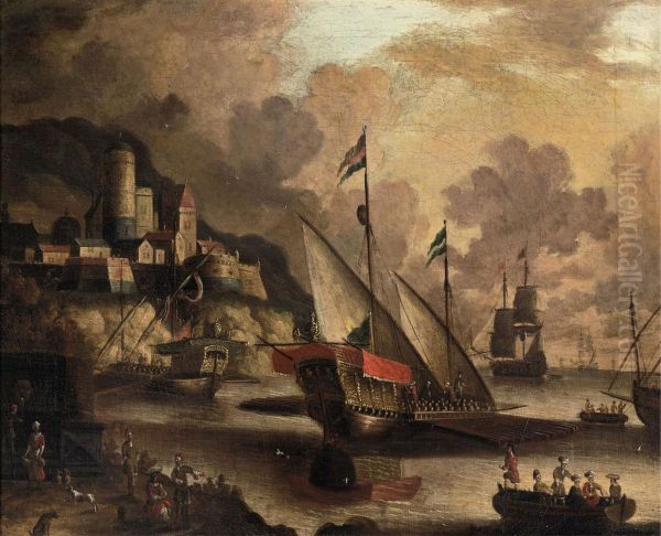 Galleys and other ships at anchor in a natural harbor near a fortified town - view 1