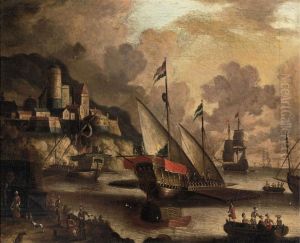 Galleys and other ships at anchor in a natural harbor near a fortified town