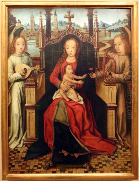 Virgin and Child, with two angels, with a Bruges's landscape background - view 1