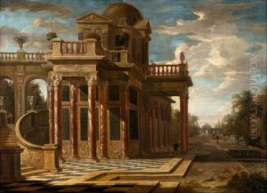 Architectural capriccio with figures (2) by Willem Augustin van Minderhout