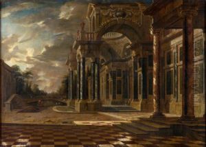 Architectural capriccio with figures by Willem Augustin van Minderhout