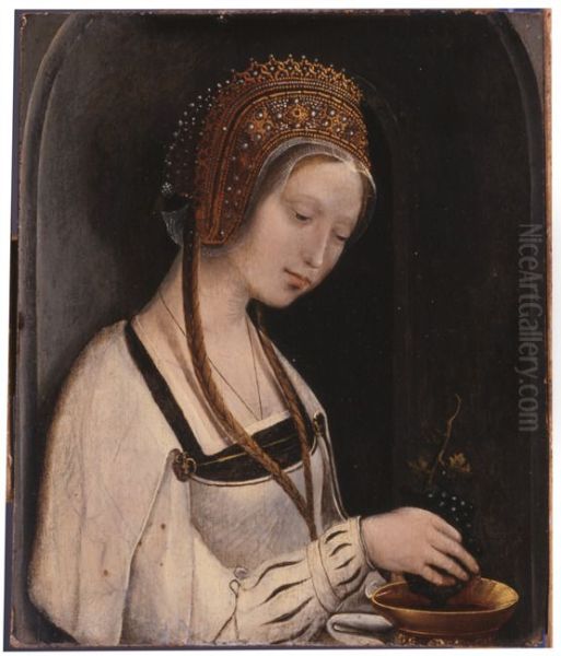 A female Saint, half-length, in a white dress, in a feigned stone niche: a fragment - view 1