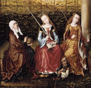 St Catherine of Alexandria (with sword) with Sts Elizabeth of Hungary (with crown) and Dorothy (with flowers) by Master of the View of Saint Gudula