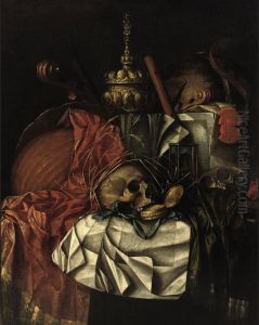 Vanitas still life with a skull, a gold pocket watch, an hour glass, a globe, musical instruments, a gold 'tazza' and an open book on a partially draped table by Franciscus Gijsbrechts