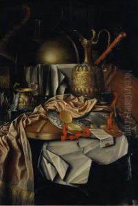 Vanitas still life of precious vessels, a golden watch, musical instruments and writing materials on a silk tablecloth by Franciscus Gijsbrechts