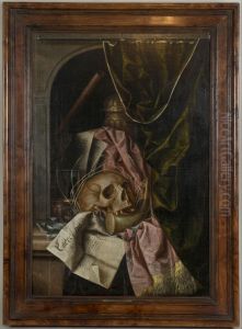 Tromple l'oeil vanitas still life with a skull, a hunting horn and other objects in a niche by Franciscus Gijsbrechts