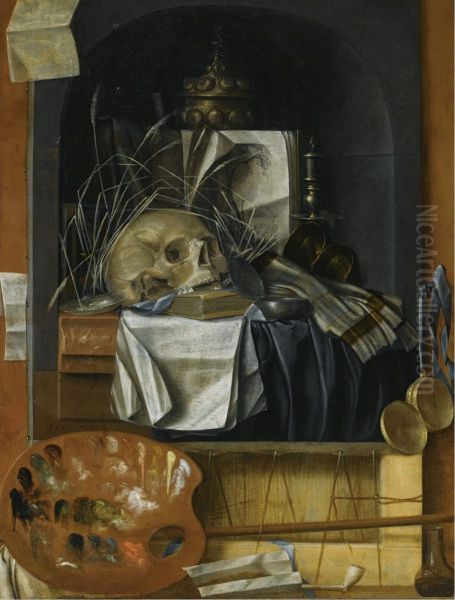 Trompe l'oeil of a vanitas still life with a watch, smoking- and painters materials - view 1