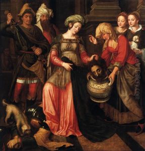 Tomyris orders the head of the fallen Cyrus to be cut off and dipped into a vessel of human blood, by Michiel Coxie