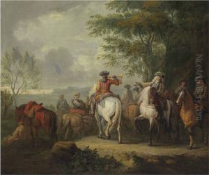 A military blacksmith shoeing horses by a ruin