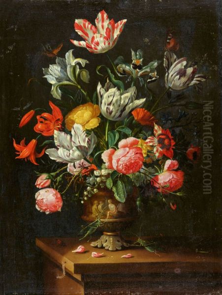Flower Still Life with Roses, Tulips, a Lily, and a Caterpillar on a Tabletop - view 1