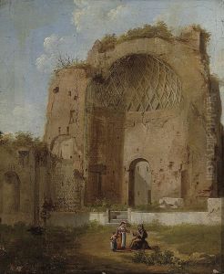 Roman ruin with a woman and child conversing with a monk by Giacomo Van Lint