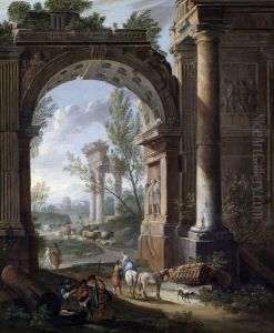 Shepherds and resting soldiers in front of an ancient city gate by Giacomo Van Lint