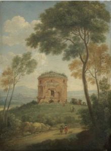 View of the Tor de' Schiavi in the Roman Campagna, with figures on a path in the foreground
