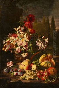 Flower and Fruit Still Life in a Park Landscape by Abraham Brueghel