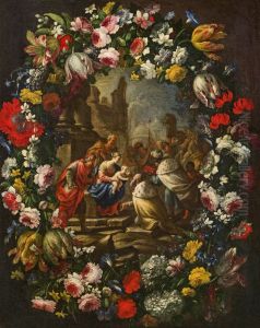 Flower cartouche with the Adoration of the Magi by Nicola Vaccaro