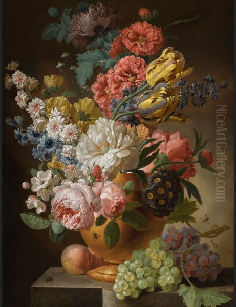 Still life of roses, tulips, carnations and other flowers in an urn on a stone ledge, with peaches and grapes - view 1