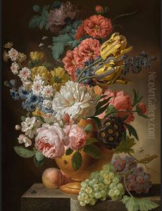 Still life of roses, tulips, carnations and other flowers in an urn on a stone ledge, with peaches and grapes by Pieter Faes