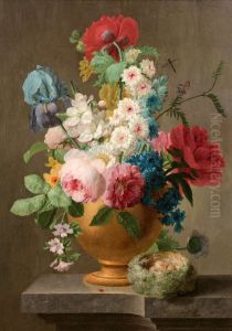 Vase of flowers and a bird's nest on a ledge Vase of flowers and a bird's nest on a ledge