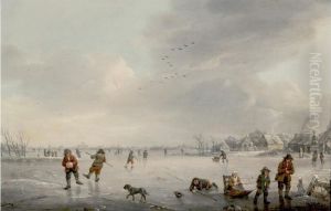 Winter landscape with people having fun on the ice