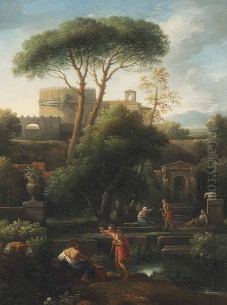 Italianate landscape with washerwomen and other figures conversing by a stream, classical buildings including the tomb of Cecilia Metella beyond - view 1