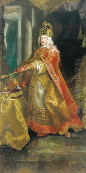 KaiserJoseph I. (HRR)als romisch-deutscher Kaiser im Kronungsornat, gekront mit der Reichskrone, die ungarische Stephanskrone ist am Tisch zu sehen - view 1