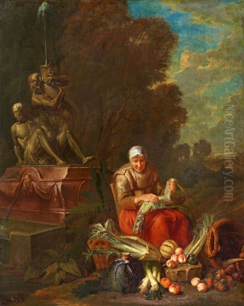 Kitchen maid by a fountain - view 1