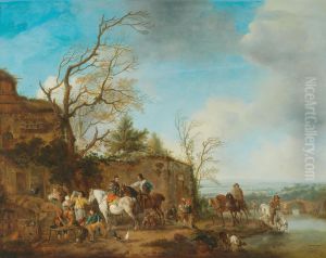 A riding party taking refreshments in a river landscape by Carel van Falens or Valens