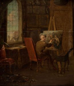 Self-portrait of the artist in his studio, holding a mahl-stick by Francois Eisen