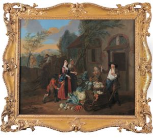 Lady and her maid buying vegetables, a young thief attempting to steal her watch