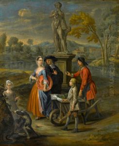 Vegetable seller by a statue of Bacchus