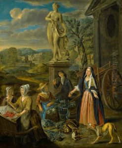 Vegetable and fruit market by a statue of Venus