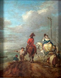 Riders and ladies on horseback by Carel van Falens or Valens