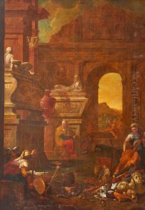 a philosopher among ruins with musical instruments and breast plates, helmet and a drum